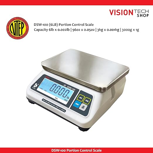 VisionTechShop DSW-100 Portion Food Scale with Dual LCD Display, Stainless Steel Platter, 6lb Capacity, 0.002lb Readability, Lb/Oz/Kg/g Switchable, Low Profile Design, NTEP COC #22-007, NSF Certified