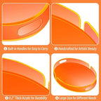 Acrylic Serving Tray with Handles Large Decorative Ottoman Tray 17x13'' Round for Bathroom Food Coffee Fruit Snack Tea Dinner Living Room, Neon Orange