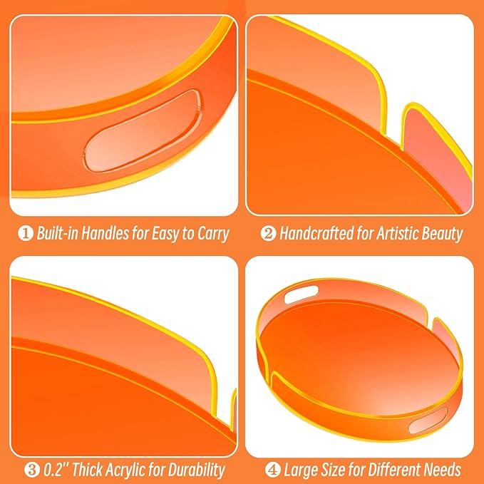 Acrylic Serving Tray with Handles Large Decorative Ottoman Tray 17x13'' Round for Bathroom Food Coffee Fruit Snack Tea Dinner Living Room, Neon Orange