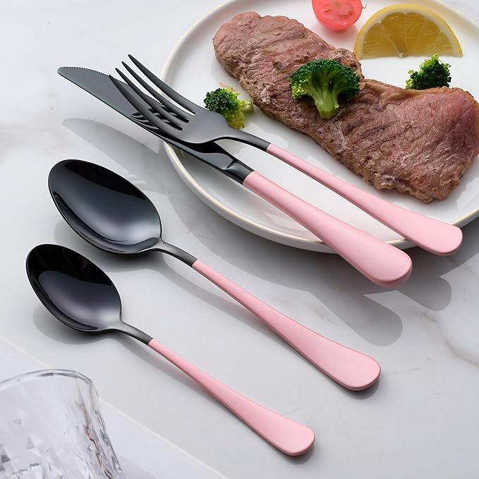 20-Piece Black and Red Silverware Set 18/0 Stainless Steel Flatware Warm Pink Handle Cutlery Set Service for 4 Dinner Knives Forks Spoons Set Mirror Finish Dishwasher Safe