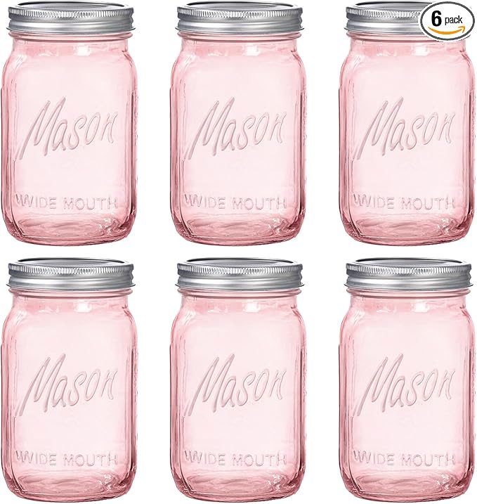 WELLIFE Pink Mason Jars 32 oz,6 Pack Wide Mouth Mason Jars for Safe Storage,Fermenting,Pickling,DIY,Crafts Decoration