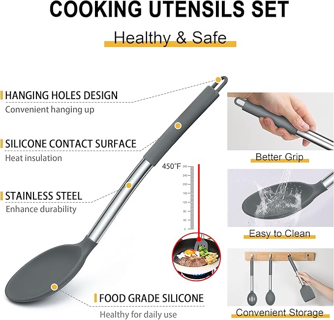 Silicone Cooking Utensils Set, E-far 14-Piece Gray Kitchen Utensils Set with Holder, Kitchen Tools Spatulas with Stainless Steel Handle for Non-stick Cookware, Heat Resistant & Dishwasher safe