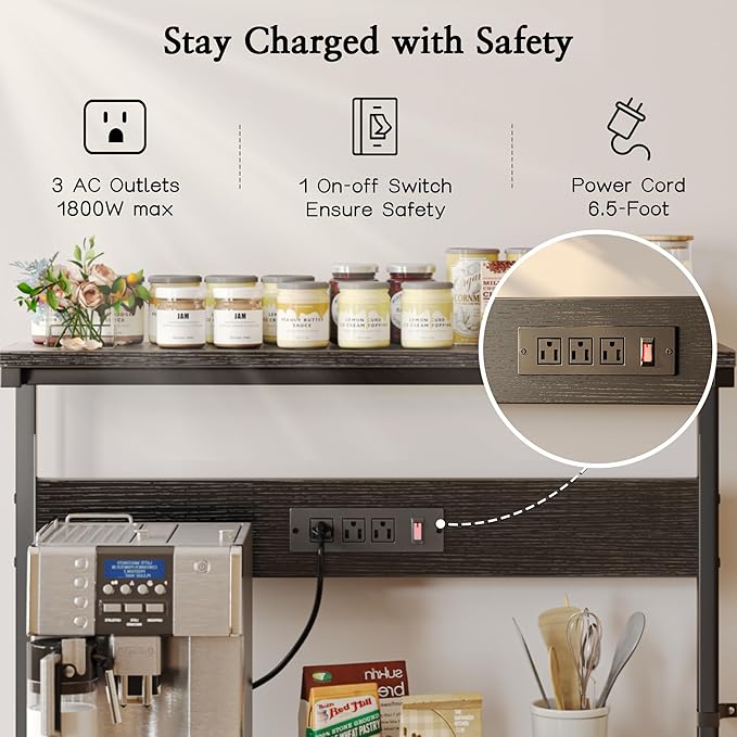 SUPERJARE Bakers Rack with Power Outlets, Microwave Stand, 39.4 X 14.3 Inch Larger Desktop, Kitchen Storage Rack with Adjustable Middle Shelf, 6 S-Shaped Hooks, Coffee Bar Stand, Black