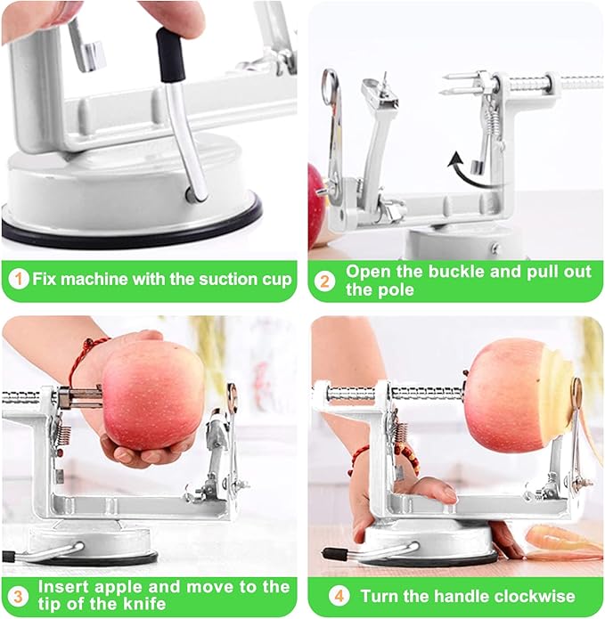 Apple Peeler, Slicer Corer Potato Peelers 3 In 1, Stainless Steel Heavy Duty Suction Cup Base And 7 Extra Blades (White)