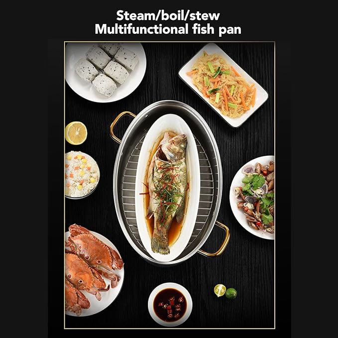 Stainless Steel Fish Steamer, Heavy Duty Oval Steamer Pot with Rack and Ceramic Pan Lid, Multi Use Cookware Stockpot for Steaming Fish, Boiling Soup, Steaming Seafood