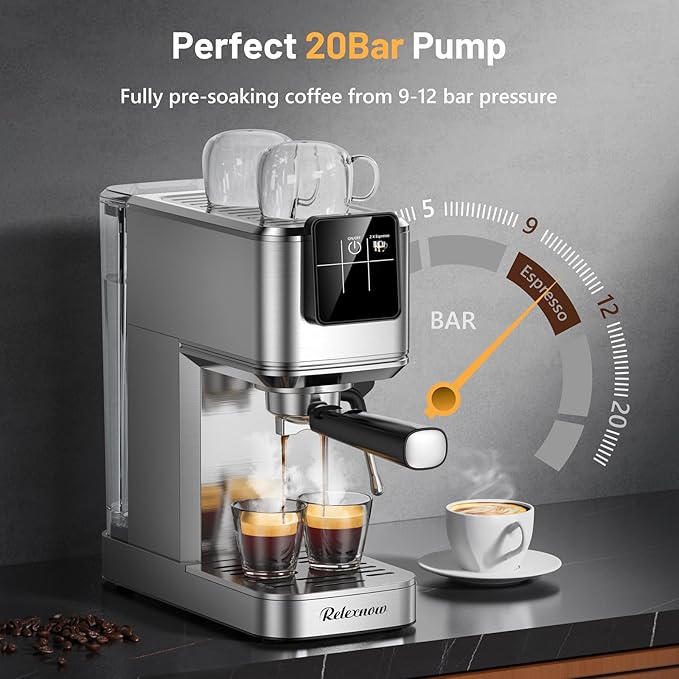 Espresso Machine, 20 Bar Professional Espresso Coffee Maker with Milk Frother Steam Wand, Hot & Iced Coffee Machine, Compact Stainless Steel Coffee Machine for Cappuccino,Latte,Cold Brew