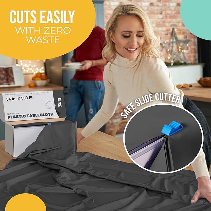 Exquisite Party Solids 54 Inch X 300 Feet Black Plastic Table Cover Roll in A Cut - to - Size Box with Convenient Slide Cutter. Cuts Up to 36 Rectangle 8 Feet Plastic Disposable Tablecloths
