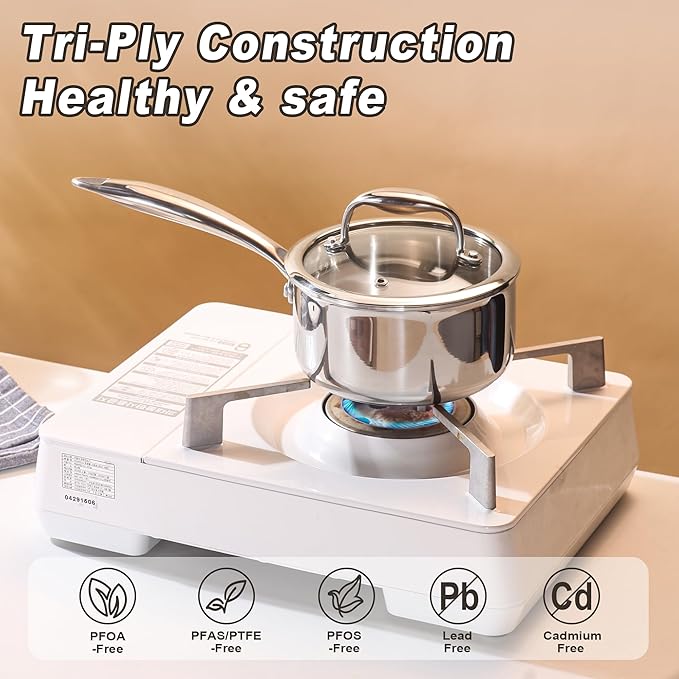 1-Quart Saucepan with Lid, Tri-Ply Stainless Steel Pot with Stay-Cool Handle & All Cooktop Compatibility (Gas, Ceramic, Electric) - Silver