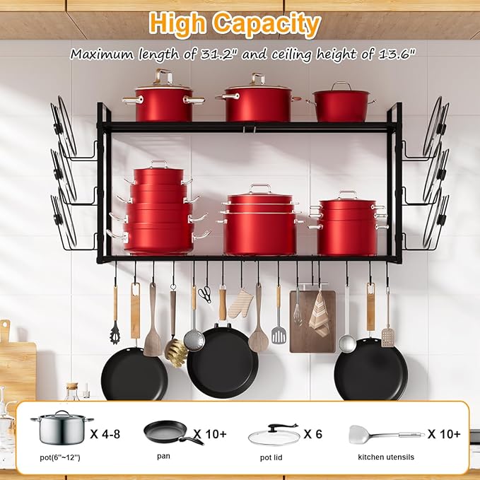 Expandable Pot and Pan Organizer Wall Mounted, 2 Tier Hanging Kitchen Shelves Heavy Duty Pot Rack with 6 Pot Lid Holders and 12 Hooks for Kitchen Cookware Utensils Organizer and Storage