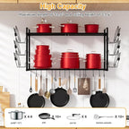 Expandable Pot and Pan Organizer Wall Mounted, 2 Tier Hanging Kitchen Shelves Heavy Duty Pot Rack with 6 Pot Lid Holders and 12 Hooks for Kitchen Cookware Utensils Organizer and Storage