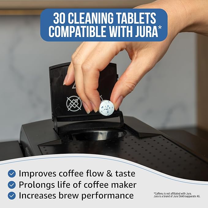 Jura Compatible Cleaning Tablets. 30 Tablets Cleaning. Coffee Cleaning Tablets - Cleans Internal Parts, Portafilter, Inaccessible Areas. Use On All Home & Pro Jura Coffee Machines.
