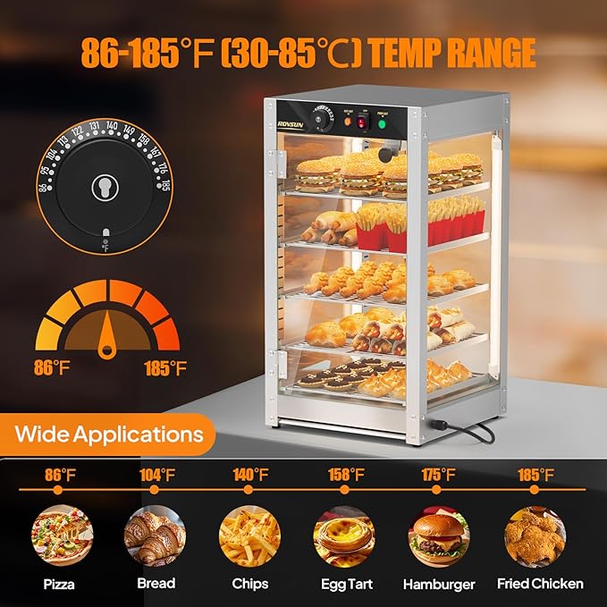 ROVSUN 5-Tier Commercial Food Warmer, 15" Pizza Warmer Food Warmer Display with LED Adjustable Lighting Glass Door Removable Shelves, Countertop Electric Food Warmer for Buffet Restaurant 110V 800W