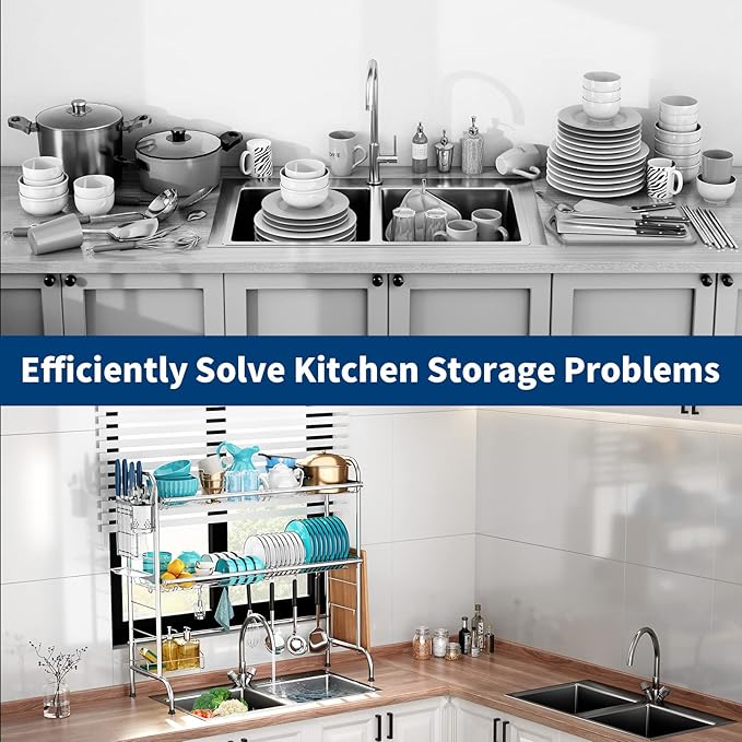 MOUKABAL Dish Drying Rack - Stainless Steel Over The Sink Dish Drying Rack (Expandable Length), 2 Tier Large Dish Rack with Utensil Holder, 32.3" - 33.9"(L) x 11.4"(W) x 32.3"(H) Silver