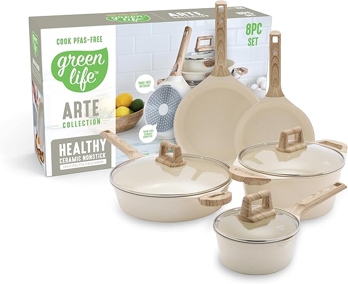 GreenLife 8 Piece Ceramic Nonstick Cookware Set, Induction Suitable Non Toxic PFAS-Free Pots & Pans, Dishwasher Safe, Cooking Set, Stock Pot, Saucepans & Frying Pans, Kitchen Cooking, Granite Cream