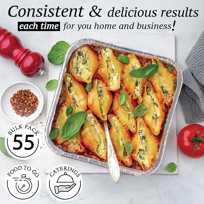 8x8 Foil Pans (55 Pack) - 8 Inch Square Aluminum Pans - Disposable Baking Pans for Heating, Prepping Food & Baking Cakes - Aluminum Baking Pans Disposable - 8 x 8 Baking Pan - Bottom: 6.5x6.5