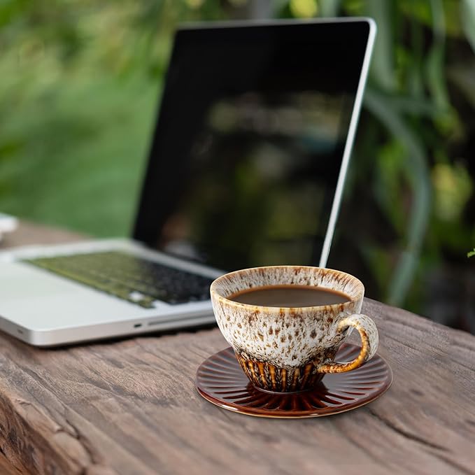 4 oz Espresso Cups Set of 2, Ceramic Cappuccino Cups with Saucers, Durable Porcelain Tea Set & Modern Coffee Cup Collection, Coffee Lover Gifts, Glazed White