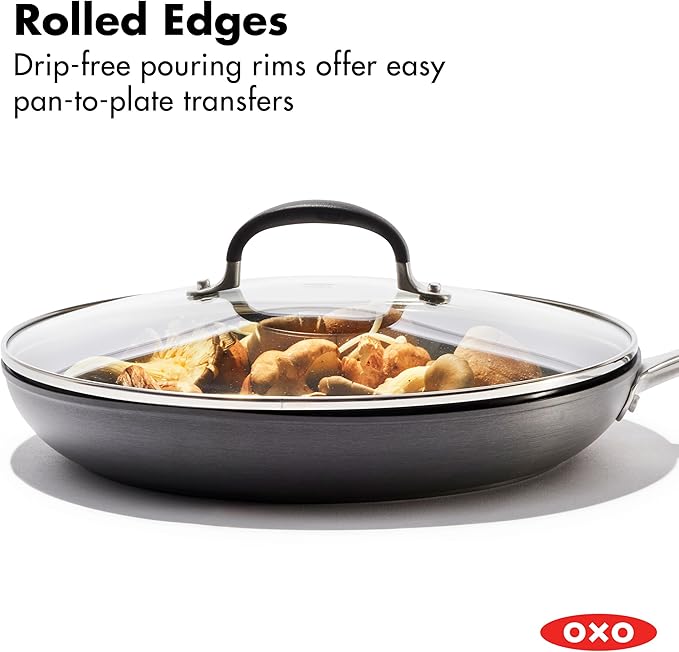 OXO 12” Non-Stick Every Day Frying Pan with Lid, BPA-Free Comfort Grip Silicone Handle, Dishwasher & Oven Safe, PFAS-Free Ceramic Skillet, Black