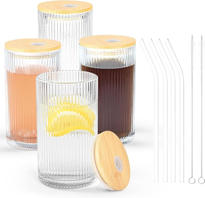 14 oz Drinking Glasses Set of 4 with Bamboo Lids Straws Striped Ribbed Glassware Set Vintage Glass Cups Embossed Iced Coffee Cup for Beer Cocktail Beverage(Ribbed)