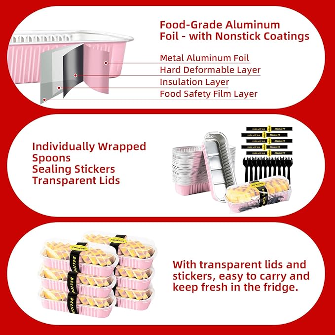 30 Pack Pink Disposable Rectangular Aluminum Foil Loaf Pans with Lids,6.8oz Mini Cake Pans for Baking, Loaf Baking Pans, Small Cake Container