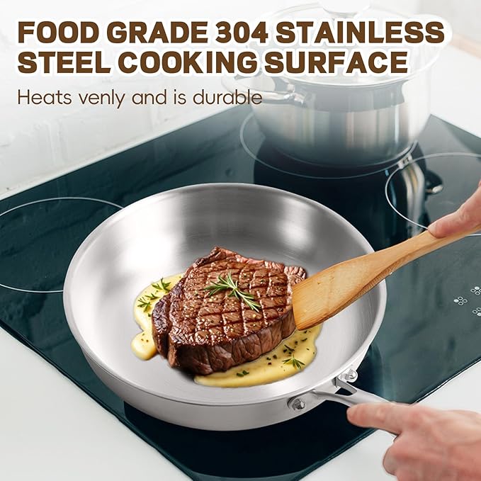 GOLDEN KEY 10 inch Tri-Ply Stainless Steel Pan,Stainless Steel Skillet with Lid,Frying Pan with Lid Compatible with All Cooktops Up to 600,Dishwasher Safe