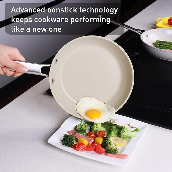 MsMk Ceramic Nonstick 8-inch, 9.5-inch and 11-inch Frying Pan Set, No PFAS & PTFE & PFOA, Stainless Steel Handle, Dishwasher & Oven Safe,induction Base