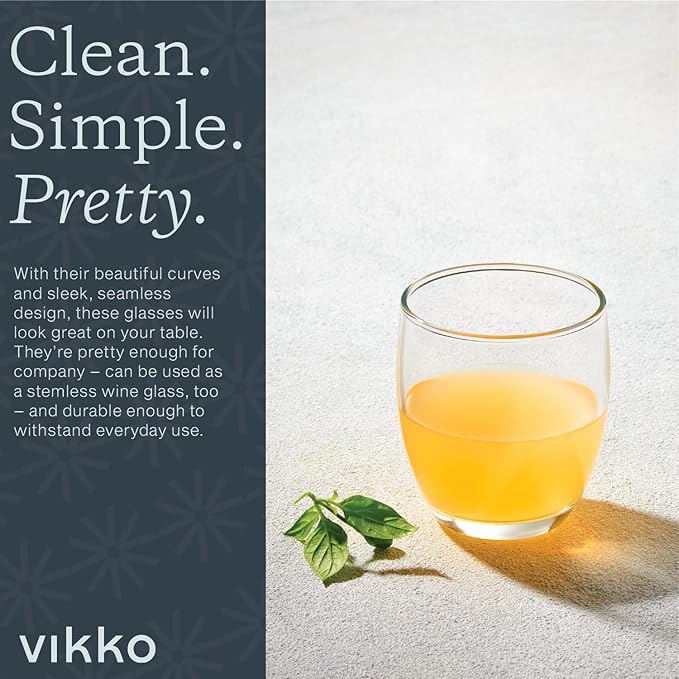 Vikko Drinking Glasses, 8 Ounce Water Glass, Thick and Durable Glass, For Water, Juice, Soda, or Wine, Dishwasher Safe, Set of 6 Small Clear Tumblers, 2.9” Diameter x 3.2” Tall