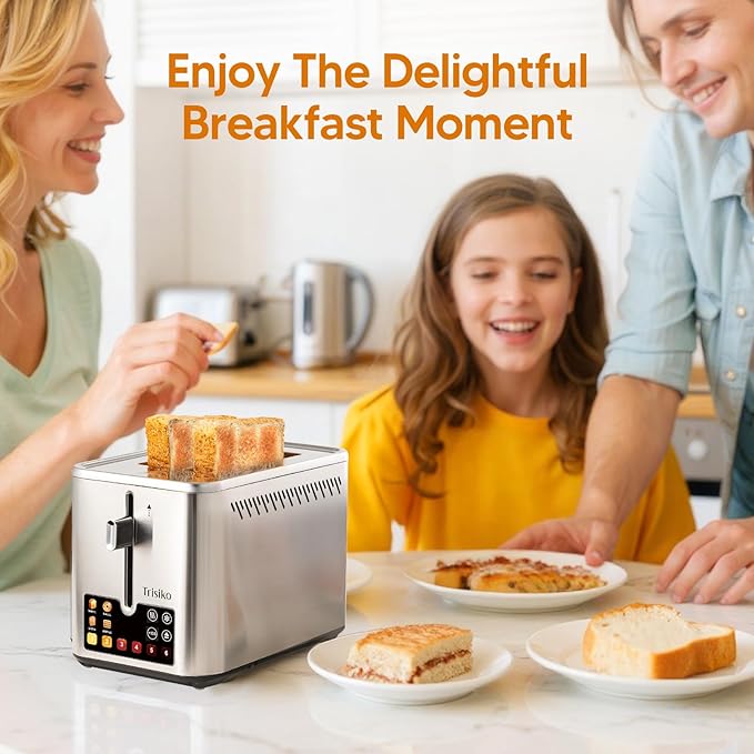Trisiko® Touch Screen Toaster 2 Slice, Stainless Steel Smart Toaster with Digital Timer, 1.38" Extra-Wide Slots for Bread& Bagel,with Reheat, Defrost, Cancel, +15s Boost, Great for Home, Office, Dorm