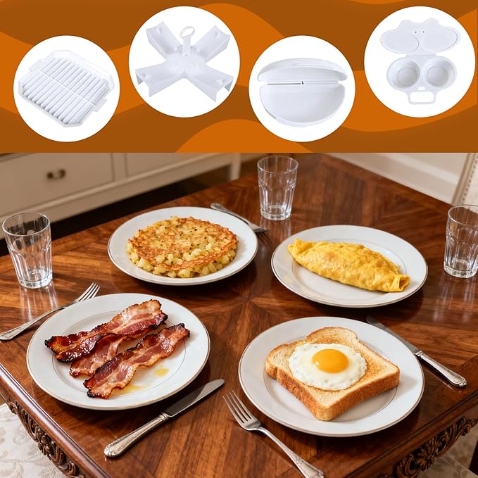 4-Piece Microwave Breakfast Set, Non-Stick Microwave Egg Poacher, Omelette Maker, Microwave Bacon Cooker & Microwave Baked Potato Cooker - Easy To Use For Quick Morning Meals(White)