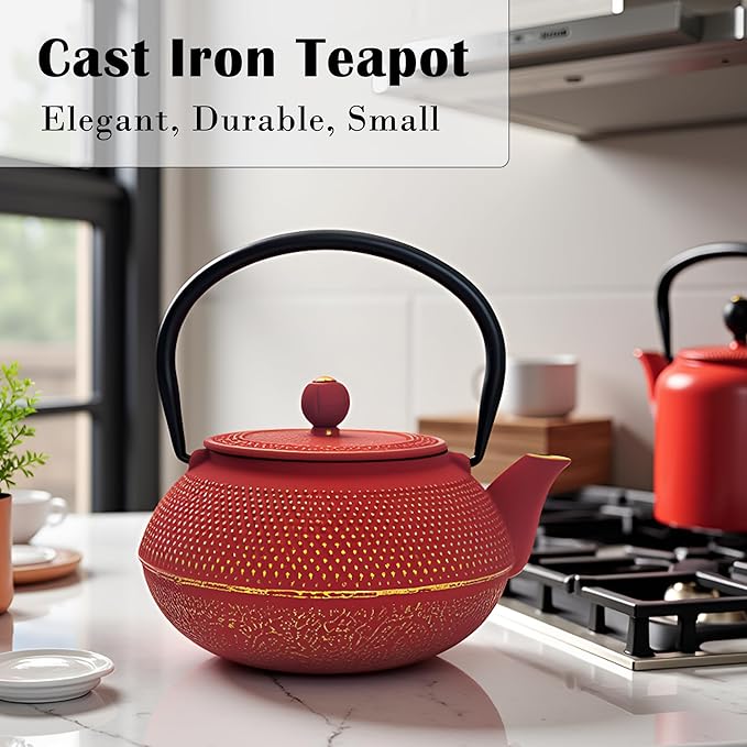 30.4oz Small Cast Iron Teapot, Tea Kettle for Stovetop Safe Coated with Enameled Interior, Red Japanese Tetsubin, Tea Pot with Stainless Steel Infuser for Loose Tea(900ml)