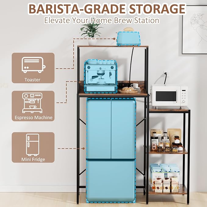 Mini Fridge and Microwave Stand over Refrigerator Storage Shelf with Power Outlet, 5 Tiers Adjustable Bakers Rack Cabinet Coffee Bar Appliance Organizer for Dorm Office,Brown