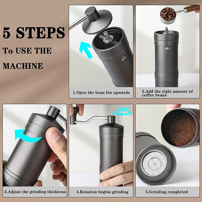 Manual Coffee Grinder with 7 Star Stainless Steel Conical Burr, Portable Coffee Grinder with External Adjustable Grind Setting (Grey)