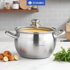 Daniks Classic 4 Quart Stainless Steel Stock Pot with Glass Lid, Tri-Ply Bottom for Even Heating, Induction Compatible, Dishwasher Safe
