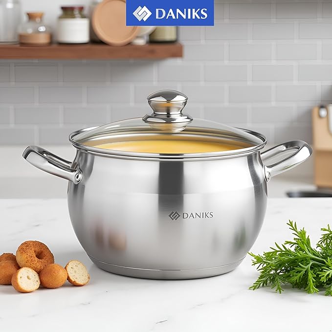 Daniks Classic 4 Quart Stainless Steel Stock Pot with Glass Lid, Tri-Ply Bottom for Even Heating, Induction Compatible, Dishwasher Safe