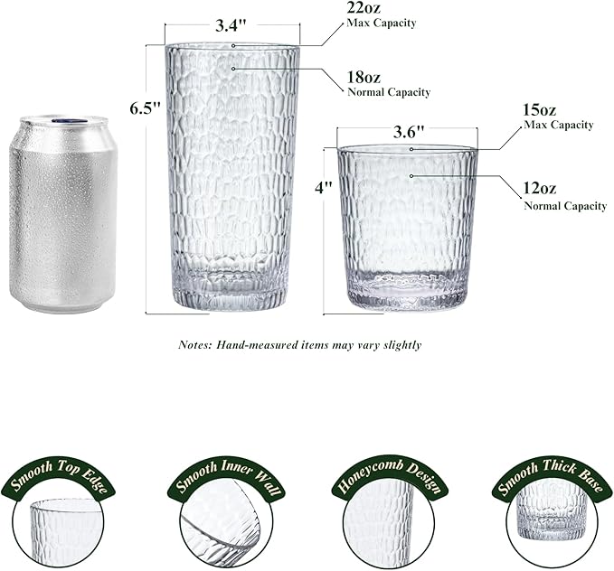 15oz Clear Acrylic Glasses Drinkware (Set of 8), Honeycomb Stackable Shatter-Proof Plastic Tumblers, Reusable Plastic Drinking Glasses, BPA-Free, Dishwasher-Safe