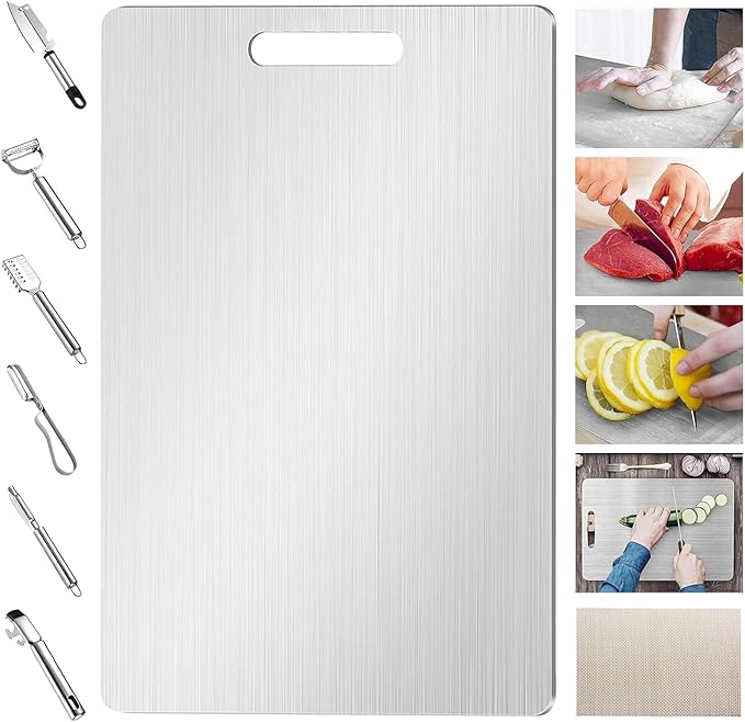 New Upgraded Titanium Cutting Board, Stainless Steel Cutting Boards For Kitche, Dishwasher Safe Double-sided Chopping Board with Peeler and Anti-slip Mat(18"L x 12"W)