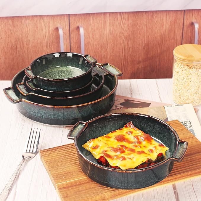 Ceramic Casserole Baking Dish - 28 Ounces Baking Dish for Oven, Lasagna Pans, Oven Safe Durable Bakeware for Kitchen Home Decor, Banquet and Dinner, Round 2 pieces 7.7 x 7.7 Inch