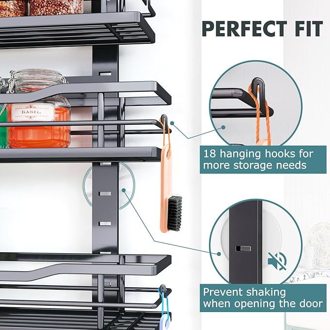 Over The Door Pantry Organizer，6-Tier Over The Door Organizer with Adjustable Basket，Metal Hanging Pantry Organizers and Storage for Kitchen, Back of Door Seasoning Rack (Black)