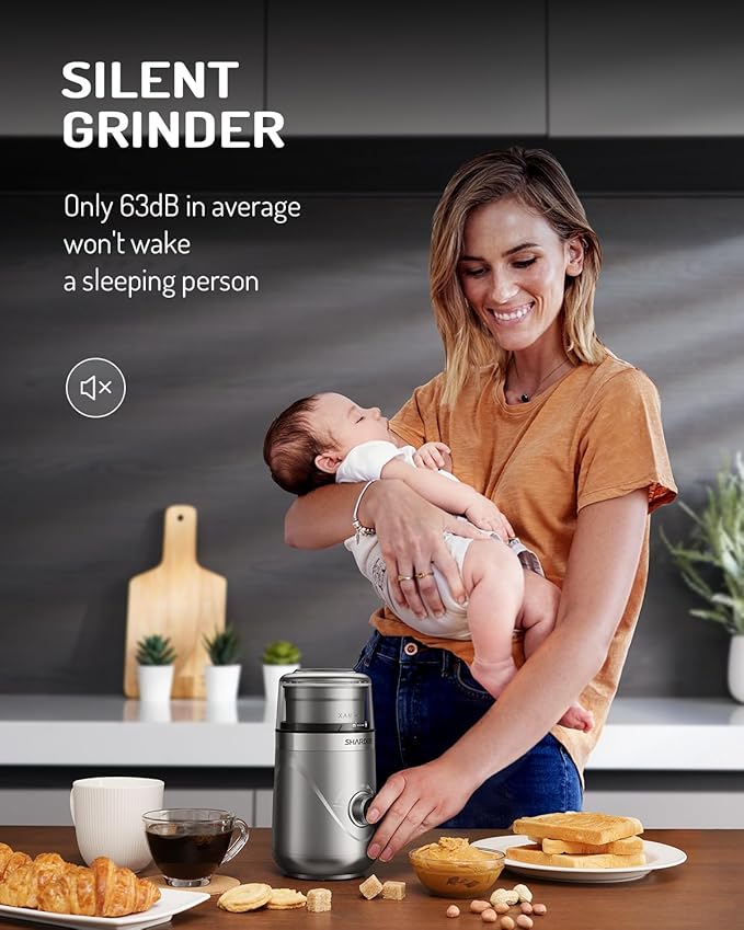 SHARDOR Electric Super Silent Blade Coffee Grinder, Timed Grind Control Rotary Knob, Adjustable Coarse to Fine for Coffee Beans, Spices & Herbs, with 2 Removable Stainless Steel Bowl, Silver