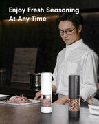 Upgraded Larger Capacity Electric Salt and Pepper Grinder Set Rechargeable with LED lights, Stainless Steel Automatic Pepper and Salt Grinder Refillable with 5 Adjustable Coarseness Black - White