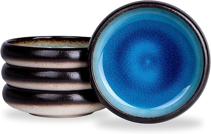 Ceramic Dinner Plates Set of 4, 6 Inch Large Porcelain Pasta and Salad Plates, Stoneware Plate Set for 4, Handmade Round Dishes for Home Decor, Microwave,Oven,and Dishwasher Safe, Blue