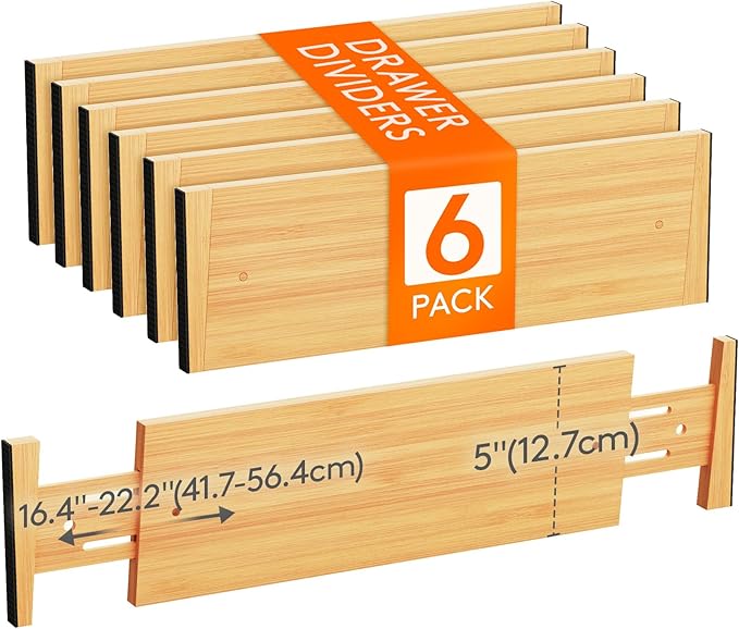 Lifewit 6 Pack Drawer Dividers Bamboo 5" High, 16-22" Adjustable Clothes Drawer Organizers, Expandable Dresser Separators in Bedroom/Bathroom/Kitchen/Office Organization and Storage