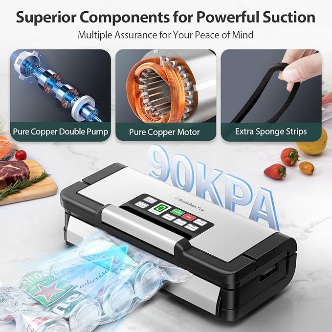 Vacuum Sealer Machine, AquaLock Series 2X Seal&130W Full Automatic Food Sealer, Powerful Food Preservation System with Handle, Built-in Cutter&Bags Storage&Hose, 2 Bags Rolls, Stainless Steel