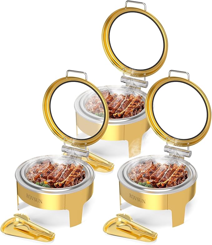 ROVSUN 6QT Gold Chafing Dishes for Buffet 3 Pack, Roll Top Chafing Dish Buffet Set, Round Chafers and Buffet Warmers Sets with Glass Lid & Serving Tong for Parties Weddings Catering Events Dinners