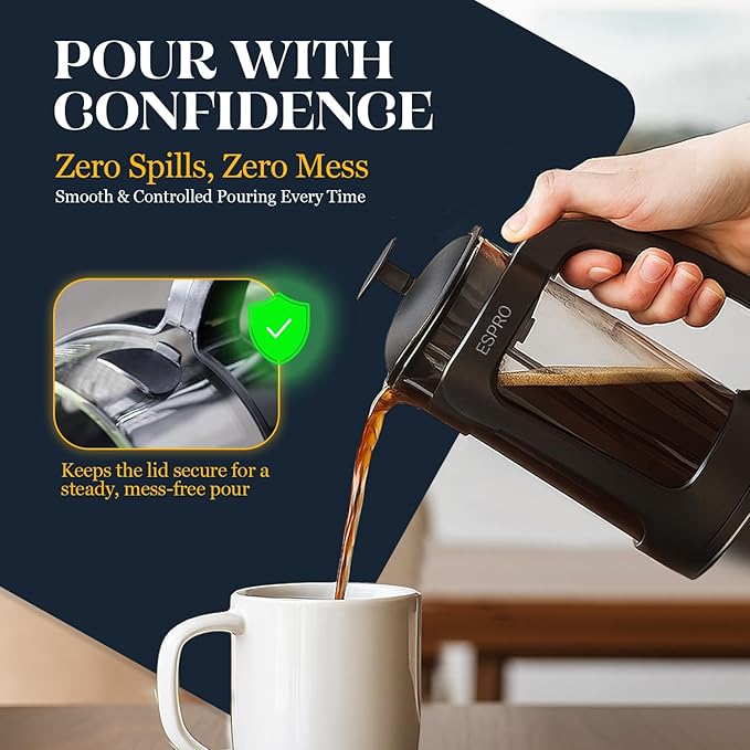 ESPRO P3 French Press Coffee Maker – Patented Double Micro-Filter for Grit-Free Brew, Heat Resistant thicker Borosilicate Glass Coffee press – (18 oz)