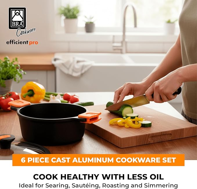 BRA COOKWARE Efficient Pro 6 Piece Cookware Set | Cast Aluminum Kitchenware Set | 1 Pots, 2 Frying Pans, 1 Saucepan, 2 Lids | Non-Stick | All Stovetops Compatible | PFOA Free
