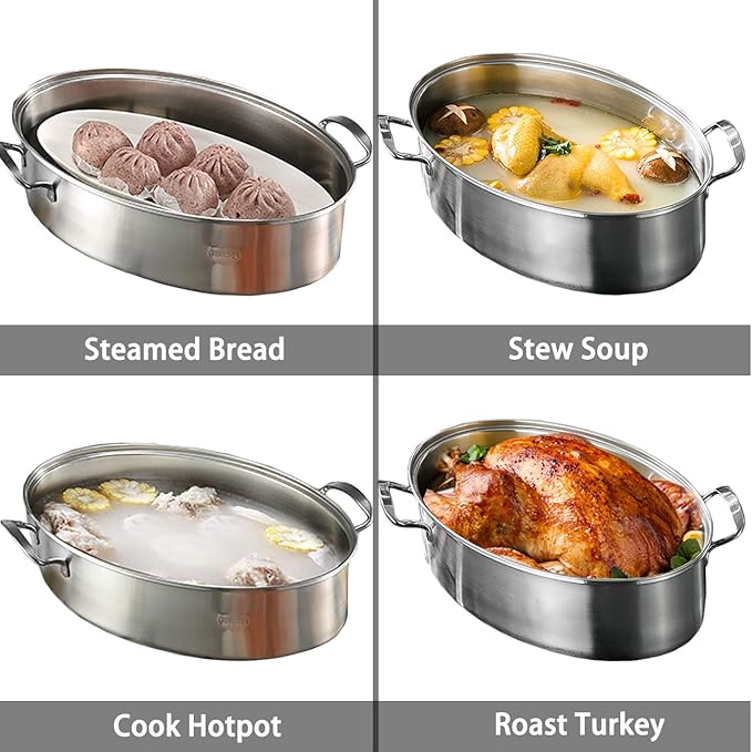Eglaf 8Qt Stainless Steel Fish Steamer - Multi-Use Oval Cookware with Rack, Ceramic Pan, Chuck - Stockpot for Steaming Fish, Boiling Soup