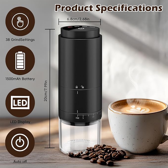 Portable Electric Coffee Grinder Rechargeable,Office 38 Adjustable Grinding Settings， LED Battery Indicator Shows Remaining Battery, Suitable for Travel, Camping, Office