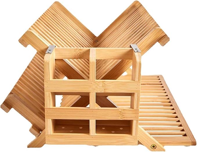 Bamboo Dish Drying Rack for Kitchen - Collapsible 3-Tier Wooden Folding Drainer with Utensil Holder and Dish Strainer Board for Countertop, Sink, and Racks Dryer (Natural)