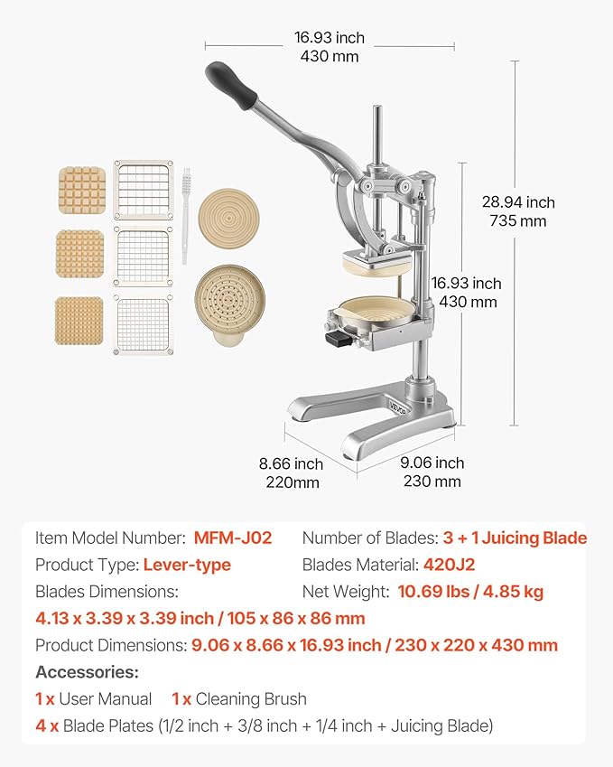 VEVOR Commercial French Fry Cutter, Stainless Steel Vegetable Fruit Chopper with 3 Replacement Blades 1/2-Inch 3/8-Inch 1/4-Inch, and a Juicing Blade, Manual Potato Slicer Dicer for Restaurants & Home
