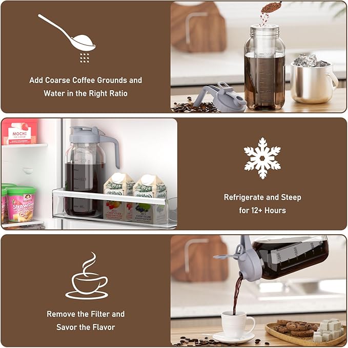 Cold Brew Coffee Maker Jar - 64oz Thick Glass Multipurpose Mason Pitcher Spout Lid with Handle & Stainless Steel Filter for Iced Coffee, Lemonade, Ice Tea, Homemade Fruit Drinks Container（2Pack）